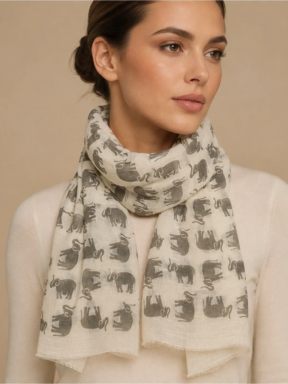 Source Unknown Elephant Print Scarf in Cream and Gray